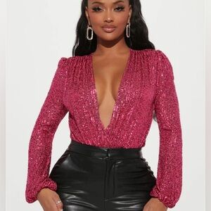 Fashion nova pink sequins bodysuit size medium NWT